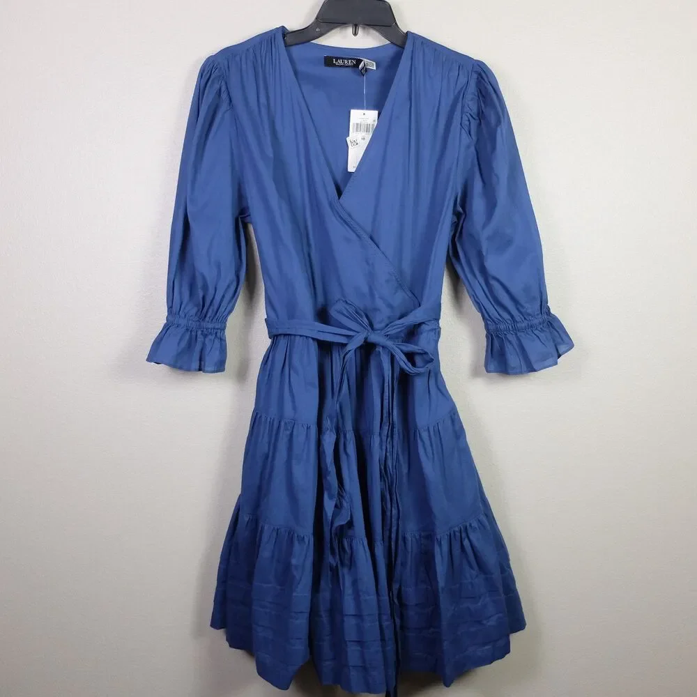 Lauren Ralph Lauren Indigo Dusk Tie-Front Cotton Voile Surplice Dress Size 10